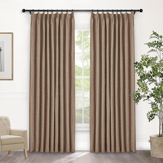 Macochico Pinch Pleated Blackout Curtains 102 Inches Long 100% Light Blocking Taupe Linen Drapes for Bedroom Living Room Farmhouse Shabby Chic Burlap Curtains with Tieback 72”Wx102”L 1 Panel