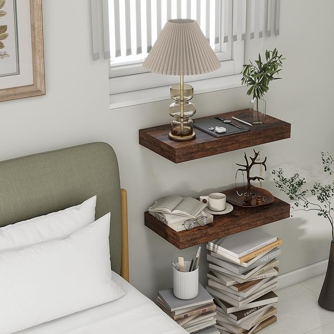 Deep Floating Shelves, 12 Inch Deep Rustic Floating Shelves Set of 2, 24 Inch Large Wall Mounted Wood Shelves for Books Laundry Room Living Room Bedroom Kitchen Home Office - Rustic Brown