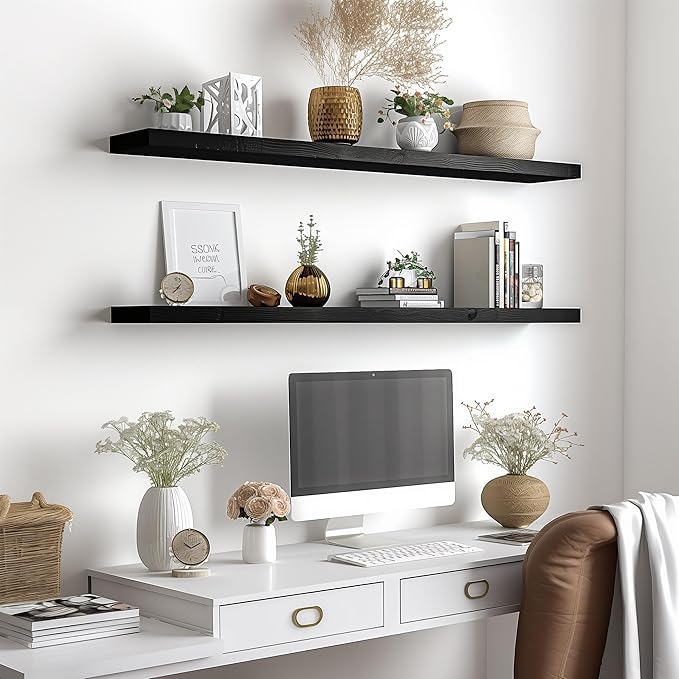 Wood Floating Shelves for Wall Decor, Rustic Wall Shelves for Bedroom Bathroom Kitchen Living Room, Set of 4 Black 48 Inch