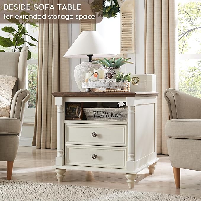 T4TREAM 24'' Farmhouse End Table w/4 Solid Wood Feet, Large 2 Drawers Wide Sofa Side Table with Charging Station, Tall Rustic Wood Square Nightstand for Living Room, Bedroom, Office, Antique White