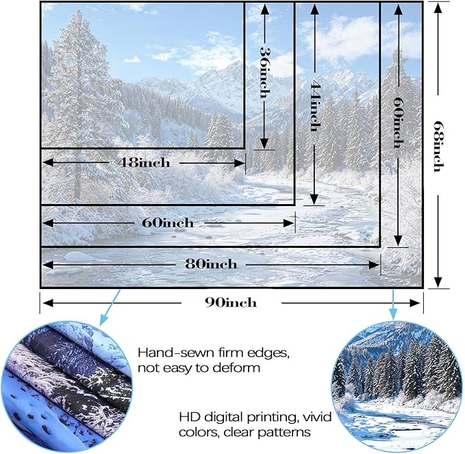 AMM Winter Forest Snow Mountain Tapestry Snowy Pine Tree Woodland Tapestry for Bedroom Aesthetic White Clouds Flowing River Landscape Tapestries Wall Hanging for Living Room Dorm Office 90 x 68 Inch