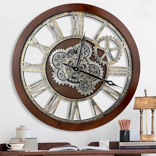 HOIBAI Large Wall Clock, 24 Inch Wall Clocks for Living Room Decor Farmhouse Vintage Rustic Kitchen Wall Decor Vintage Roman Big Oversized Wall Clock for Home Bedroom House Office, Moving Gears Clock
