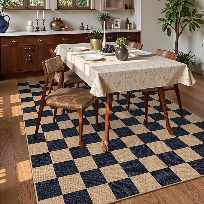 Lahome Checkered Easy Jute Carpet, Washable Area Rug 6x9 Neutral Outdoor Patio Rug, Farmhouse Checkerboard Non Slip Non Shedding Floor Carpet for Dining Living Room Deck Sunroom