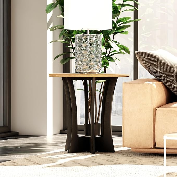 Farmhouse Round End Table X 2P with Criss-Cross Wood Legs, Rustic French Country Side Table for Dinning or Living Room, Modern, Black, Natural Wood