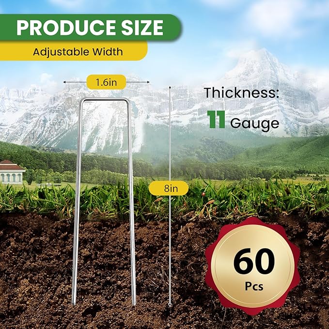 Landscape Staples Galvanized 8 Inch 60 Pcs, Metal Garden Stakes 1.6 Inch, Garden Staples for Lawn 11 Gauge