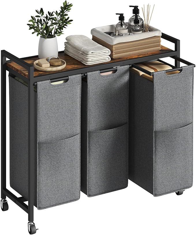 HOOBRO Laundry Sorter 3 Section, Laundry Hamper with Wheels, 3 × 11.5 Gal (43.4L), Rolling Laundry Basket, Pull-Out and Removable Oxford Fabric Laundry Bags, Rustic Brown and Grey BFG76XY01