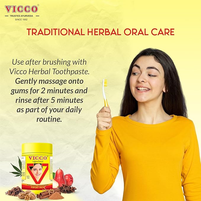 Vicco Vajradanti Herbal Tooth Powder, Classic Ayurvedic Blend with 18 Herbs & Barks, 3.53 oz (Pack of 3)