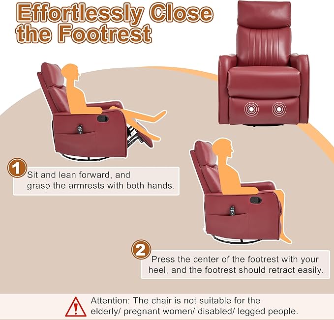 Manual Swivel Rocker Recliner Chair for Adults, Overstuffed Reclining Glider Chair for Nursing with Vibration Massage & Heat, Living Room Rocking Recliner 2-Stage backrest, Faux Leather Red