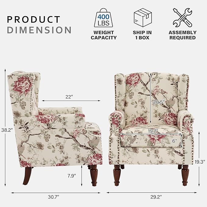 Lumibee Wingback Accent Chair,High Back Floral Armchairs in Fabric,Comfy Upholstered Reading Single Sofa Chair with Solid Wood Legs for Living Room,Bedroom,Office-Floral Beige