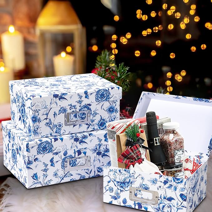 Briful Decorative Photo Storage Boxes with Lids, Set of 4 – Blue and White Porcelain Pattern, Nested Card Storage Box Organizer, Decorative Paperboard Box for Closet, Office, Gifts