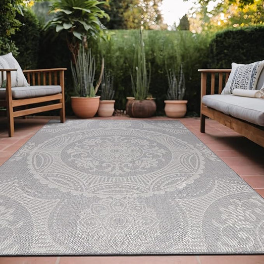 Medallion Outdoor Rug 5x7 Washable Outside Carpet for Indoor Patio Porch Waterproof Easy Cleaning Non Shedding Area Rugs Gray 5 x 7