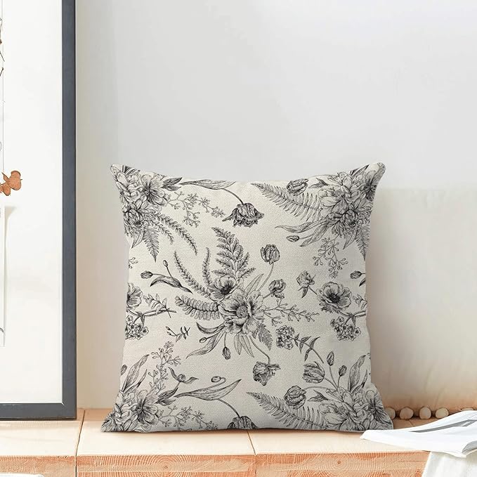 CXMEIFLY Spring Floral Leaves Pillow Covers 20 x 20 Inch Set of 2 for Chinoiserie Flowers Decor Throw Pillows Black and White Seasonal Plant Outdoor Decorative Cushion Cases for Couch Bed Decorations