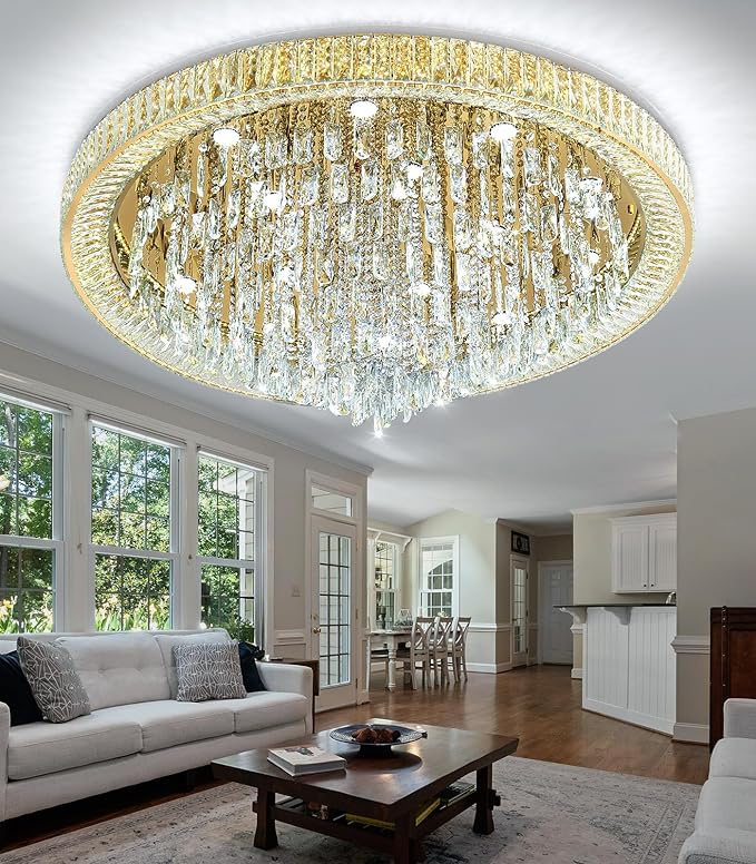 Modern Crystal Chandeliers LED Dimmable Flush Mount Ceiling Chandeliers for Living Room High Ceiling Entrance Foyer Lobby Bedroom Gold