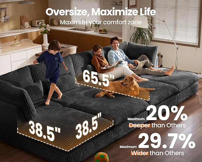 Oversized Modular Sofa, Extra Deep Cloud Corduroy Sectional Couch with Ottoman Chaise, Fluffy Chenille 8 Seater Couch Bed for Living Room, Villa (Sofa Bed 8 Seater, Corduroy Black)