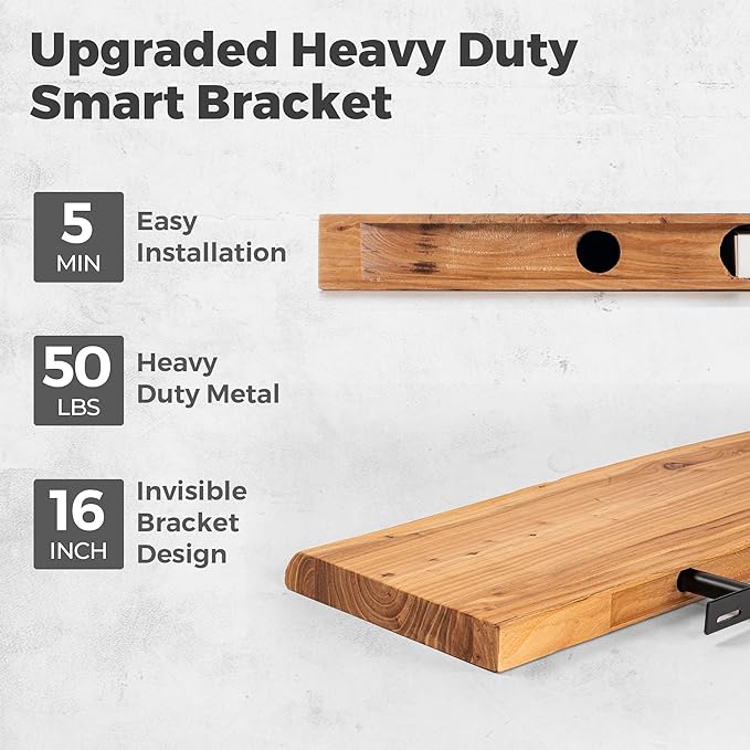 RICHFOCUS Live Edge Elm Floating Shelves - 36" W x 9.3" D Rustic Solid Wood Wall Shelves with Invisible Bracket, Wall-Mounted for Living Room, Bedroom, Kitchen Storage & Display, Set of 2, Natural