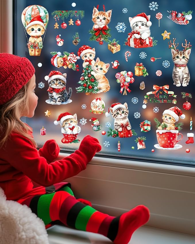 Christmas Window Clings Decorations - Cute Funny Double-Sided Static Stickers for Glass Windows and Doors, Perfect Decorations, with Cat Kitten Pattern, Reusable 9 Sheets