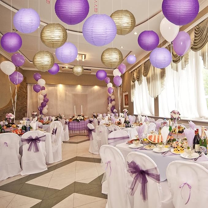 Paper Lanterns Decorative, Purple Lavender Gold Hanging Round Chinese Lanterns with Lights for Graduation Bachelorette Theme Birthday Party 12 LED Light Pack of 12