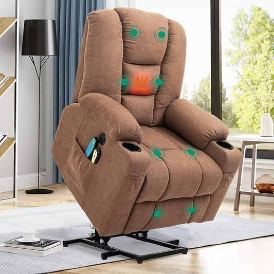 VIVIJASON Power Lift Chair Electric Recliner for Elderly Heated Vibration Massage Fabric Recliner Chair with 2 Remote Controls, Cup Holders, Side Pockets & USB Ports for Living Room (Coffee)