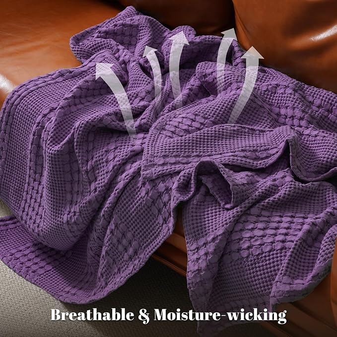 PHF 100% Cotton Waffle Weave Blanket Queen Size, Soft Lightweight Breathable Cozy Summer Blankets for Bed, Luxury Aesthetic Woven Bedding for Home Decor, 90"x90", Grape Purple