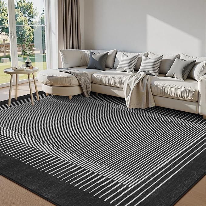 Wonnitar Striped Black Area Rugs 9x12 Living Room, Non-Slip Soft Berber Stripe Bedroom Rug, Low Pile Minimalist Floor Carpet for Dining Room Living Room Department (Black,9' x 12')