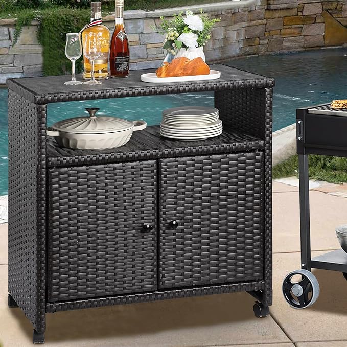 Outdoor Wicker Storage Cabinet - Patio Bar Table with Wheel,Outdoor Buffet Cabinet Movable,Garden Weather-Proof Bar Table/Cart for Indoor&Outdoor (Dark Brown)