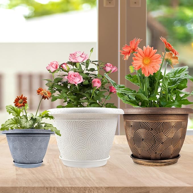 14 Inch Large Planter Pot for Plants Indoor Outdoor, 4 Pack Plastic Flower Pots with Drainage Hole & Tray, Modern Decorative Garden Pot with Saucer, Plant Container for House