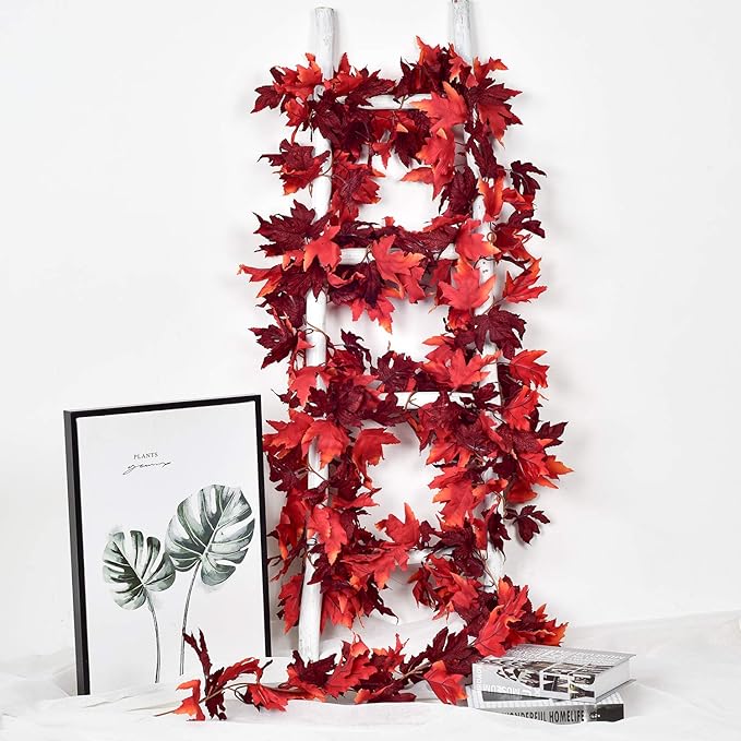 DearHouse 2 Pack Fall Garland Maple Leaf, 5.9Ft/Piece Hanging Vine Garland Artificial Autumn Foliage Garland Thanksgiving Decor for Home Wedding Fireplace Party Christmas (Dark Red)