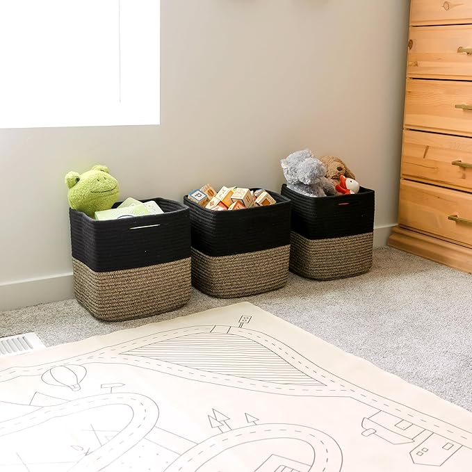 NaturalCozy 13 Inch Cube Storage Bins Cotton Rope Woven Baskets for Organizing 3-Pack | 13 x 13 Storage Cubes | Fabric Square Storage Baskets for Shelves Organizer, Kids Toy Bins, Closet Baby Nursery