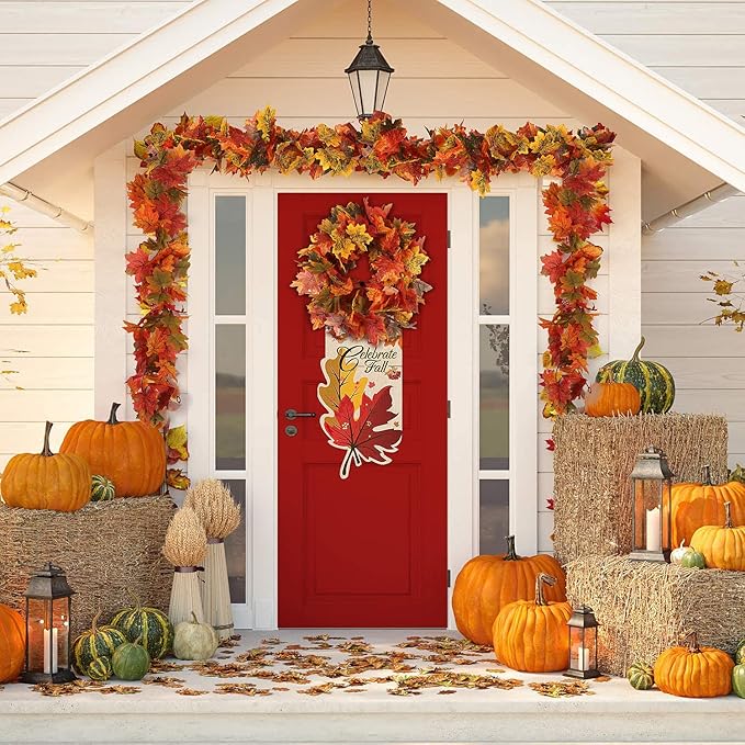 RECUTMS 2 Pack Fall Maple Garland - 5.8 FT/Pcs Autumn Hanging Fall Leave Vines for Home Garden Wedding Party Thanksgiving Dinner Fireplace Door Frame Doorway Backdrop Christmas Decor