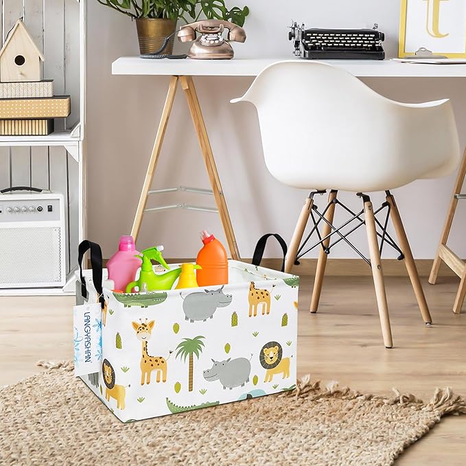 LANGYASHAN Rectangular Storage Bin Collapse Canvas Fabric Cartoon Storage Basket with Handles for Organizing Home Kitchen Boys and Girls Toys Office Closet Shelf Baskets (Rec animal)