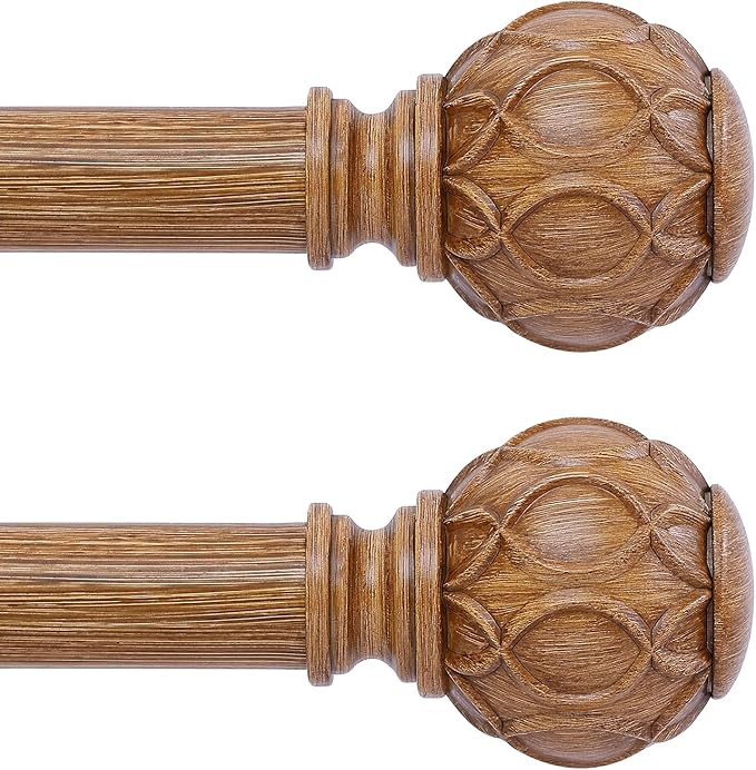 2 Pack Wood Curtain Rods for Windows 48 to 84 Inch(4-7ft),1 Inch Adjustable Curtain Rod,Heavy Duty Curtain Rods,Wooden Netted Texture Drapery Rods,Single Window Curtain Rod 36-88",Brown Wood