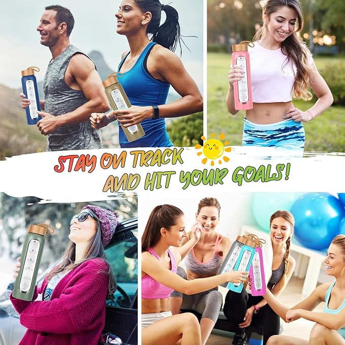 Aqulea Glass Water Bottles with Silicone Sleeve - BPA Free Reusable Wide Mouth Glass Motivational Water Bottles with Fruit Infuser – Leak Proof Borosilicate Water Bottle with Time Marker