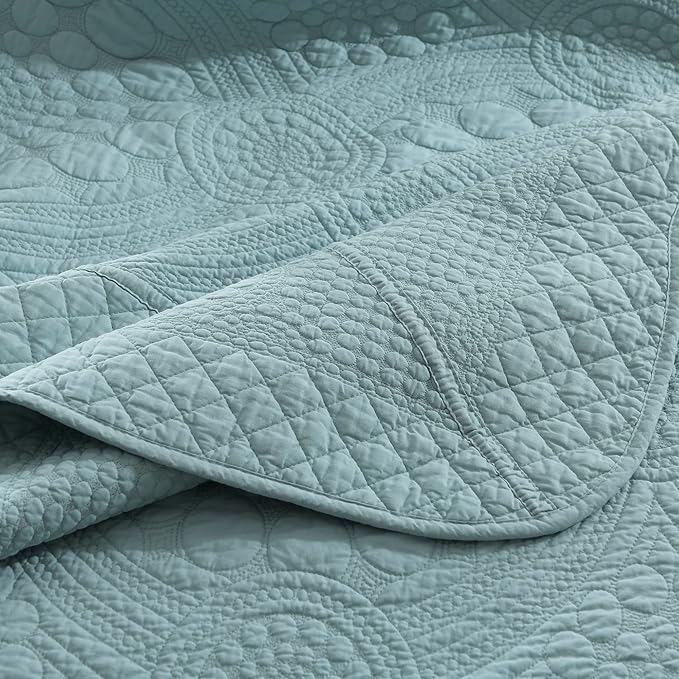 MarCielo 3-Piece 100% Cotton Oversized Bedspread Lightweight Quilt Coverlet Embroidery Farmhouse Bedding (Tf Aruba Blue, Oversized King (118"x106"))