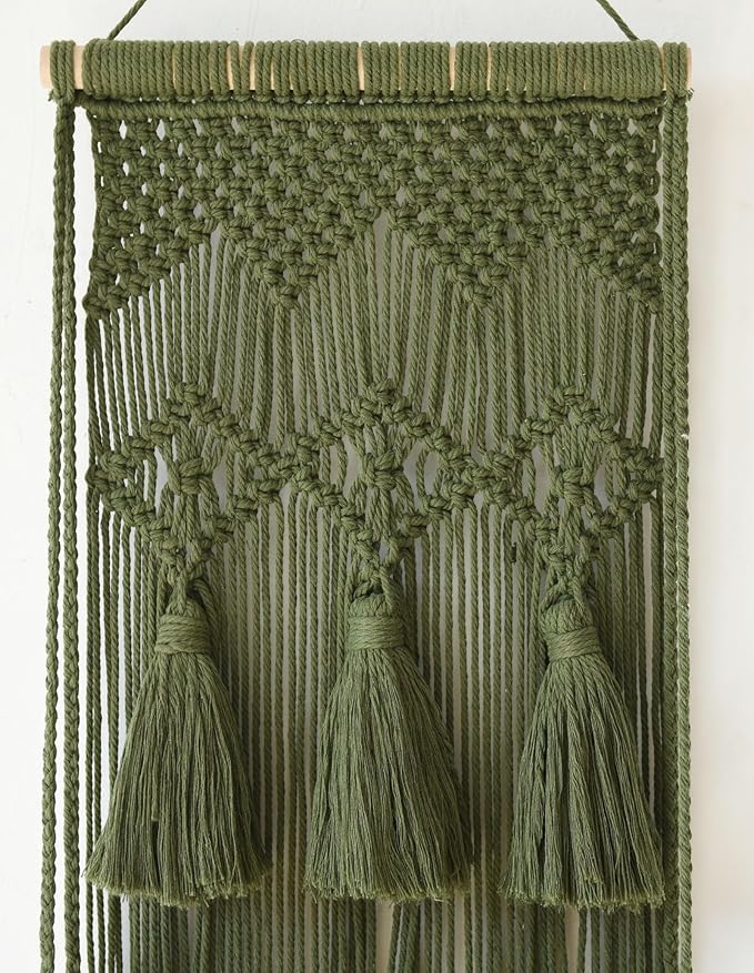 Hanging Shelf Macrame Wall Hanging Green Boho Shelfs with Tassels 2 Tier Floating for Plants Bedroom Dorm Living Room Wall Decor Rustic Wooden Organizer(Wood)