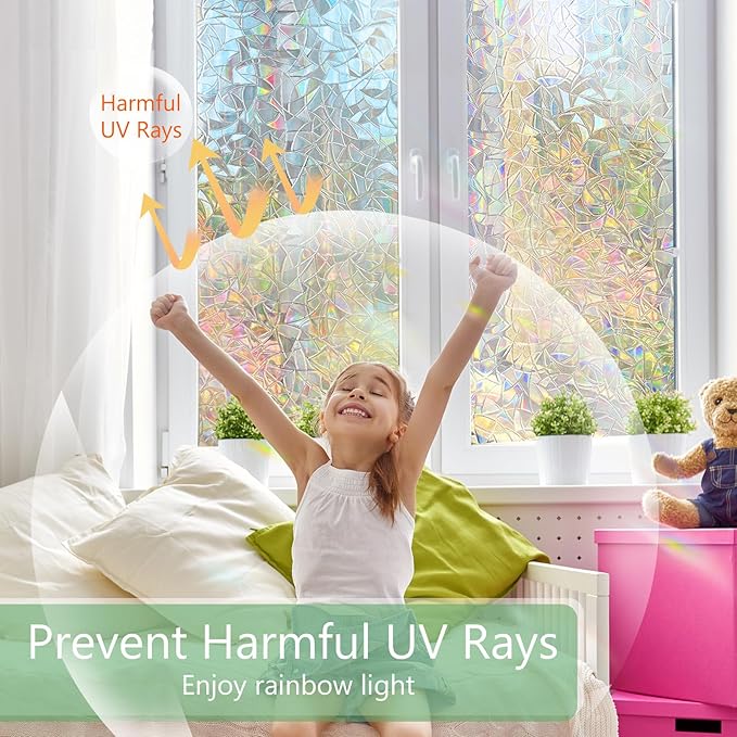 HIDBEA Window Privacy Film Static Clings, Rainbow Window Film, 3D Decals Non-Adhesive Window Vinyl Film for Home Door, 35.4 Inch × 6.5 Feet