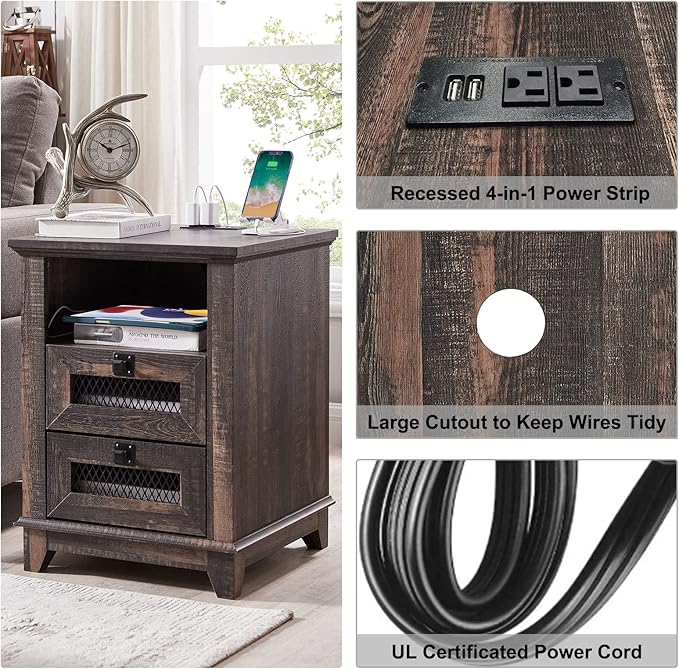 OKD Nightstand with Charging Station, 18'' Industrial & Farmhouse End Table with 2 Drawers & Open Cubby, Rustic Mesh Drawer Sofa Side Table w/Storage for Bedroom, Living Room, Office, Dark Rustic Oak
