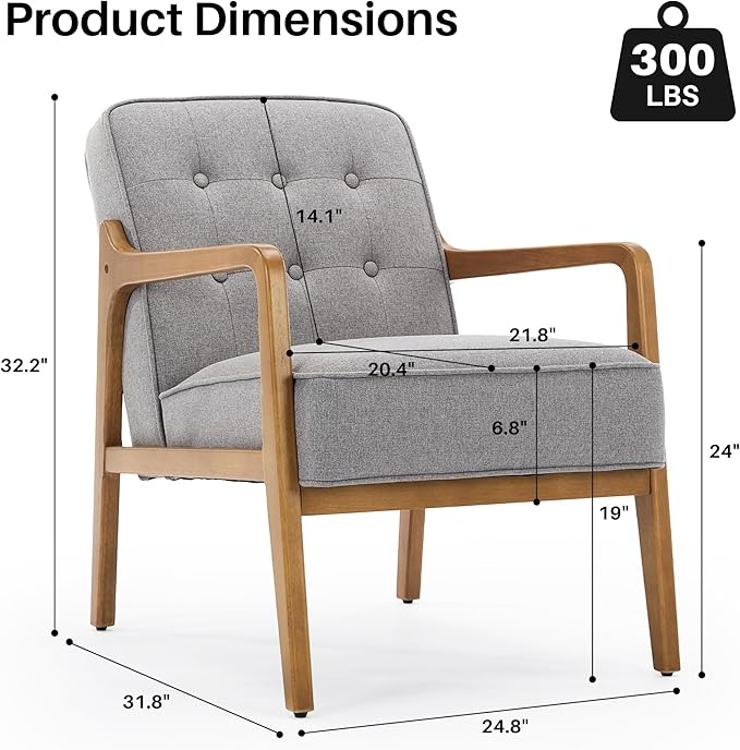 Linen Accent Chair, Mid Century Modern Chair for Living Room, Upholstered Comfy Lounge Armchair with Solid Wood Frame, Reading Side Chair for Bedroom,105°Ergonomic Comfort, Grey