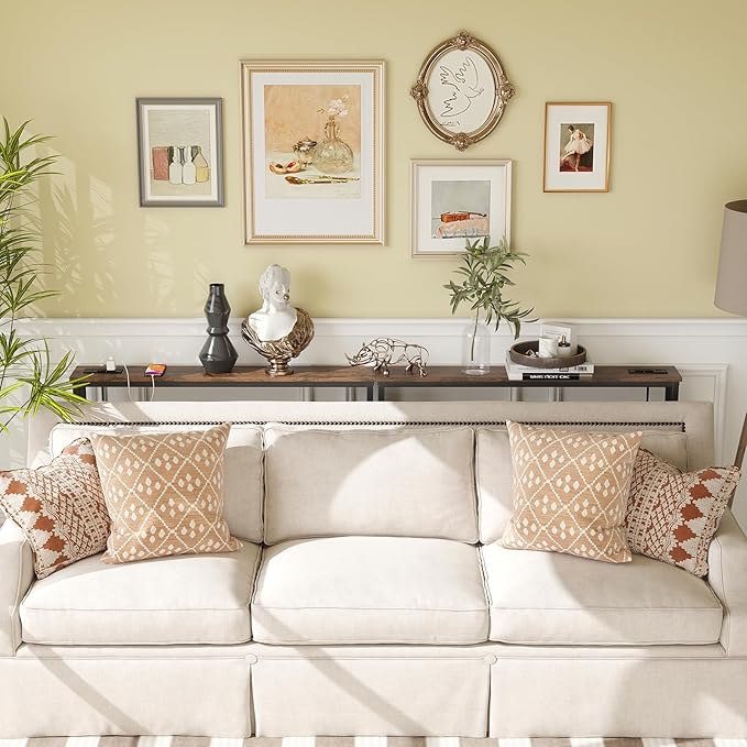 ELYKEN 5.9" Narrow Console Sofa Table with Power Outlets and USB Port, 5.9" Dx39.4 Wx31.1 H Long Behind Couch Table with Metal Frame and 6.5’ Extension Cord, Rustic Brown