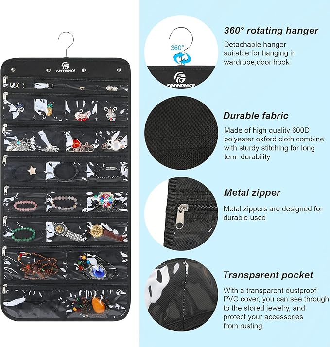 Freegrace Hanging Jewelry Organizer Revolving Hanger - Secure Zipper Closure - 50 Pockets - Foldable Storage & Display Solution - for All Jewelry & Bijoux (Black)