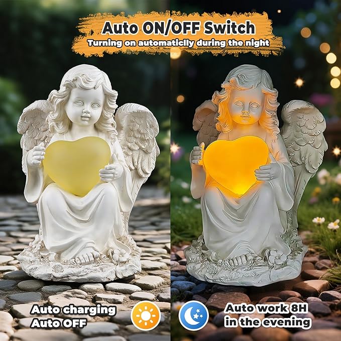 Angel Statues for Garden, Solar Angels for Outside with Glowing Heart & Cemetery Decorations for Grave, Yard Art Patio Balcony & Lawn Ornaments Gifts for Mom Grandma Women