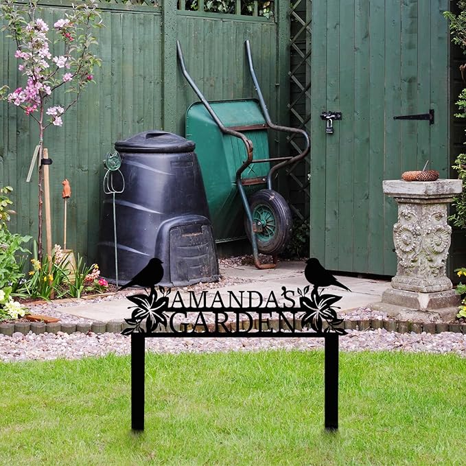 Personalized Metal Garden Name Sign with Flowers and Birds, Custom Yard Sign with Stake