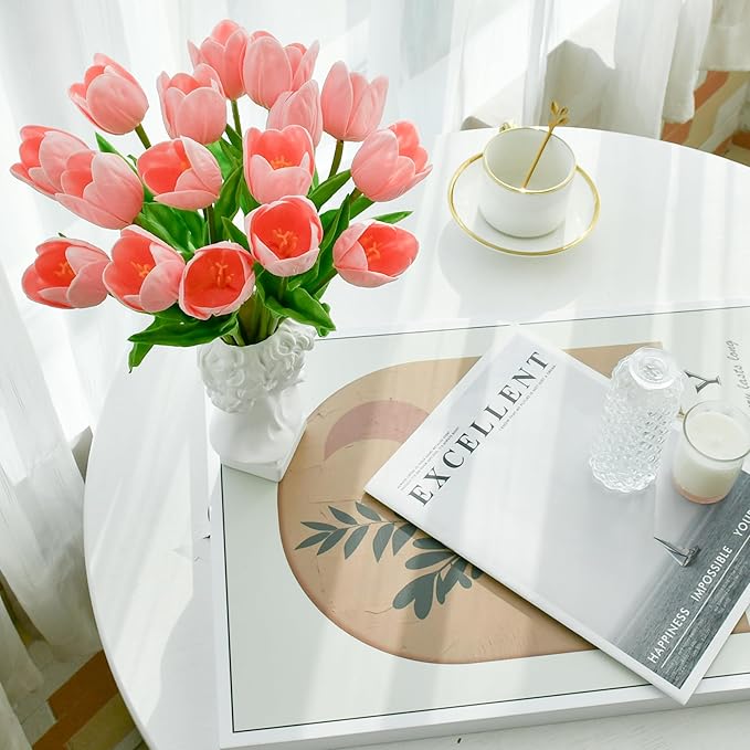 Mandy's Artificial Tulips 12 Stems Light Pink Partially Open PU Faux Flowers for Wedding Home Decor 13.5 Inch