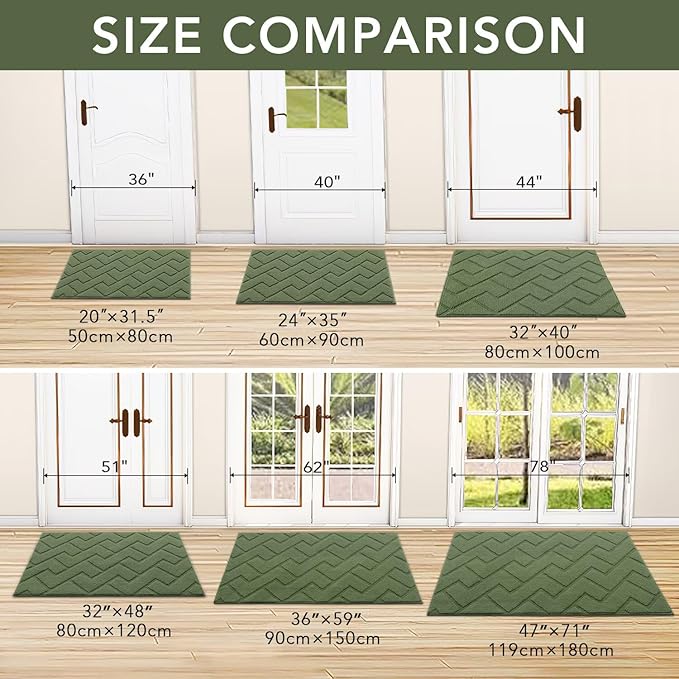 hicorfe Front Door Mat Outside Entrance,32"x40" Absorbent Muddy Dirt Resist Welcome Door Mats Outdoor Indoor,Stain and Fade Resistant,Non Slip Backing Entry Mat Doormat for Entryway(Green)