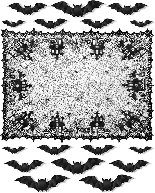 eZAKKA Halloween Table Cloth with 16 Pcs Bats Wall Decor, Spider Web Table Cloth Black Tablecloth Lace Fabric Table Cloths for Rectangle for Parties Gothic Spooky Home Decorations, 53x68 Inch