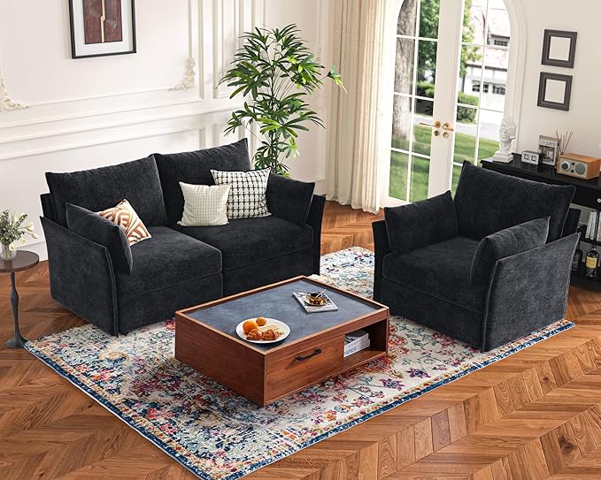 Oversized Loveseat Sofa, Modern Modular Sectional Couch Black Fluffy Chenille Mid Century 2-Seat 24.5" Deep Seat for Apartment, Living Room, Bedroom