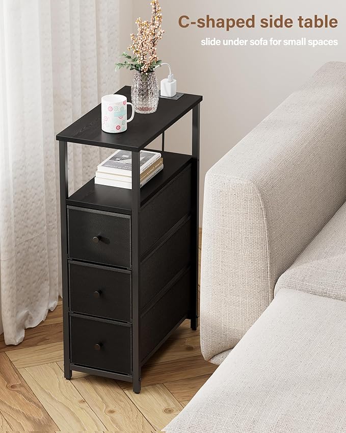 TUTOTAK Narrow Night Stand with Charging Station, Slim End Table with Plugins, Tall Side Table with 3 Fabric Drawer, Small Bedside Table with Storage, Living Room, Bedroom, Black TB01BK086