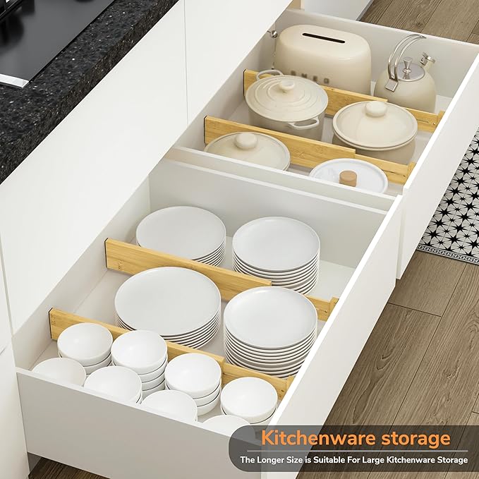 BAMEOS 3" H Bamboo Drawer Dividers - Adjustable Expandable Drawer Organizer - Kitchen, Bathroom, Bedroom & Office, 4-pack