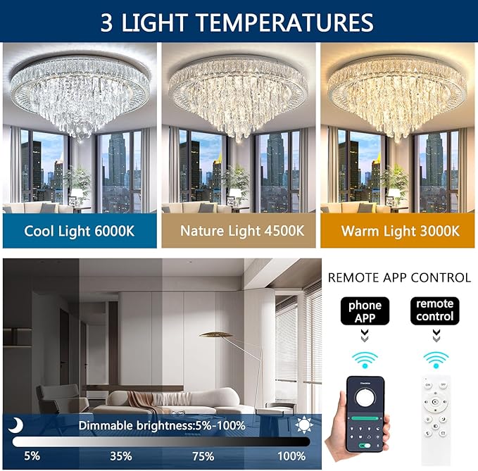 Modern Chandeliers for Living Room Crystal Ceiling Light Fixture LED Dimmable Lamp with Remote Pendant Lighting Flush Mount Ceiling Lighting for Dining Room Bedrooms