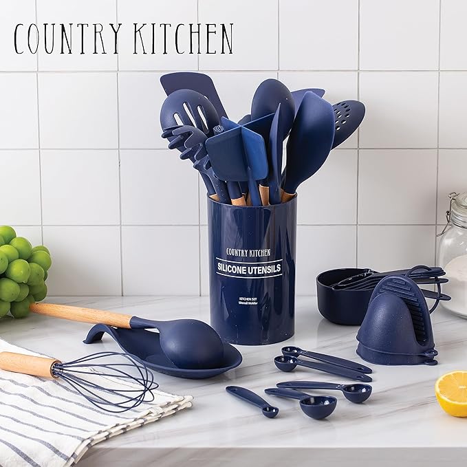 Country Kitchen Non Stick Silicone Utensil Set with Rounded Wood Handles for Cooking and Baking, 38 Piece Set, Navy