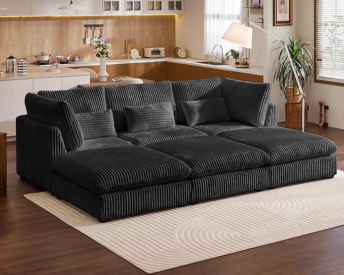 Oversized Modular Sofa, Extra Deep Cloud Corduroy Sectional Couch with Ottoman Chaise, Fluffy Chenille 6 Seater Couch Bed for Living Room, Villa (Sofa Bed 6 Seater, Corduroy Black)